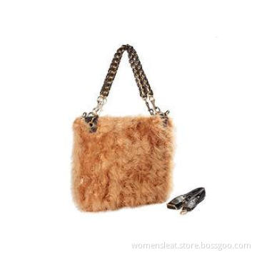 Apricot Ostrich Hair Brown Leather Shoulder Bag with Two Sh